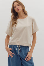 Entro Solid Short Sleeve Round Neck Top With Adjustable Hem In Ecru