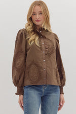 Entro Solid Long Sleeve Button Front With Eyelet Detail In Brown *COMING SOON*