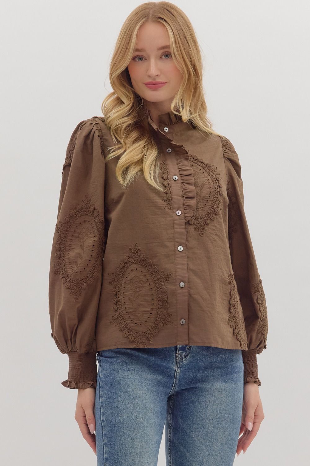 Entro Solid Long Sleeve Button Front With Eyelet Detail In Brown *COMING SOON*