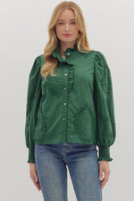 Entro Solid Long Sleeve Button Front With Eyelet Detail In Hunter Green