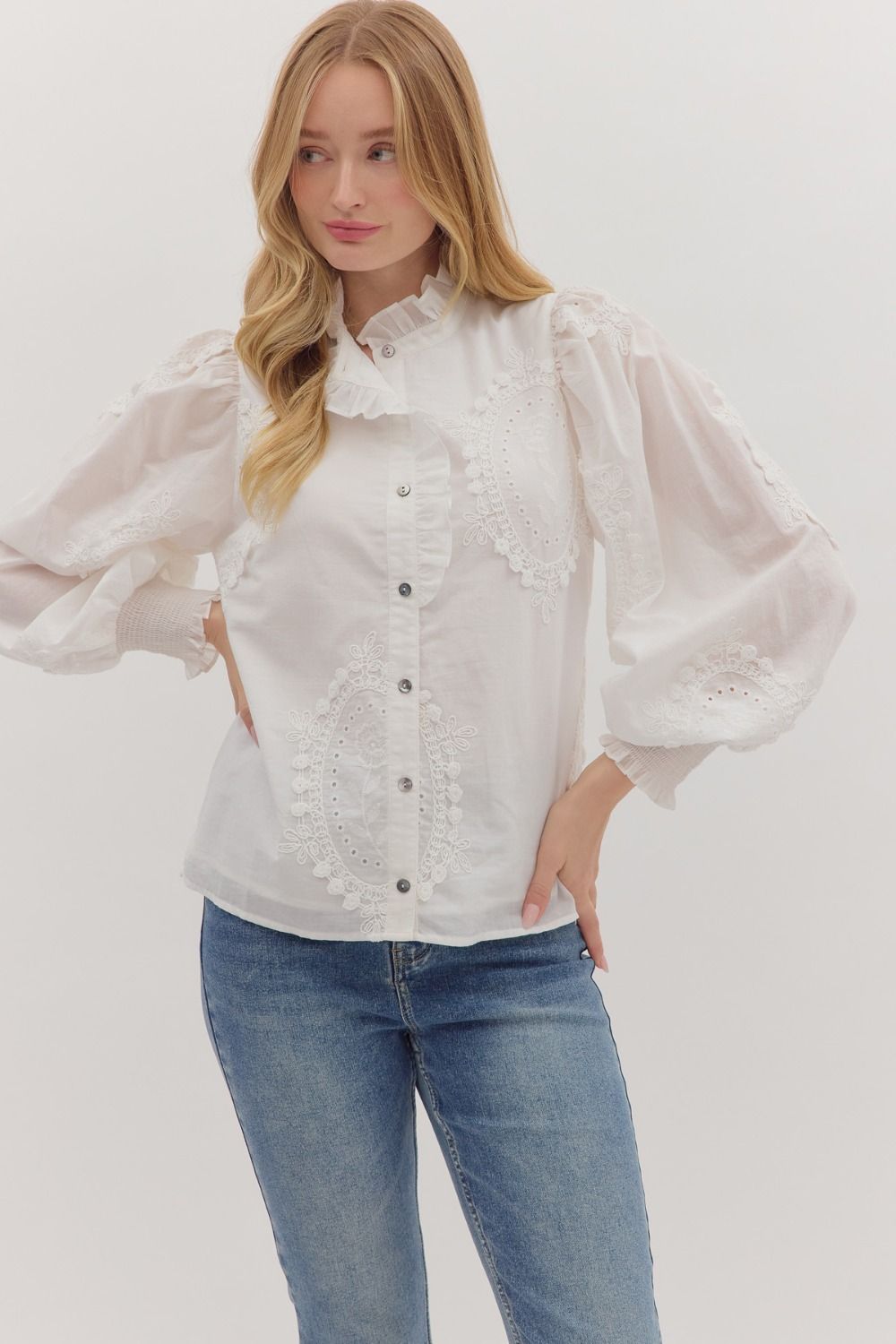 Entro Solid Long Sleeve Button Front With Eyelet Detail In Off White *COMING SOON*
