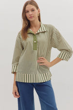 Entro Stripe Print 3/4 Sleeve Top With Wide Collar In Olive