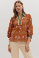 ENTRO Floral Block Print 3/4 Sleeve Top In Chestnut