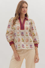 ENTRO Floral Block Print 3/4 Sleeve Top In Ecru