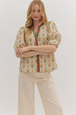 Entro Botanical Print 3/4 Sleeve Top With Contrast Binding In Ecru
