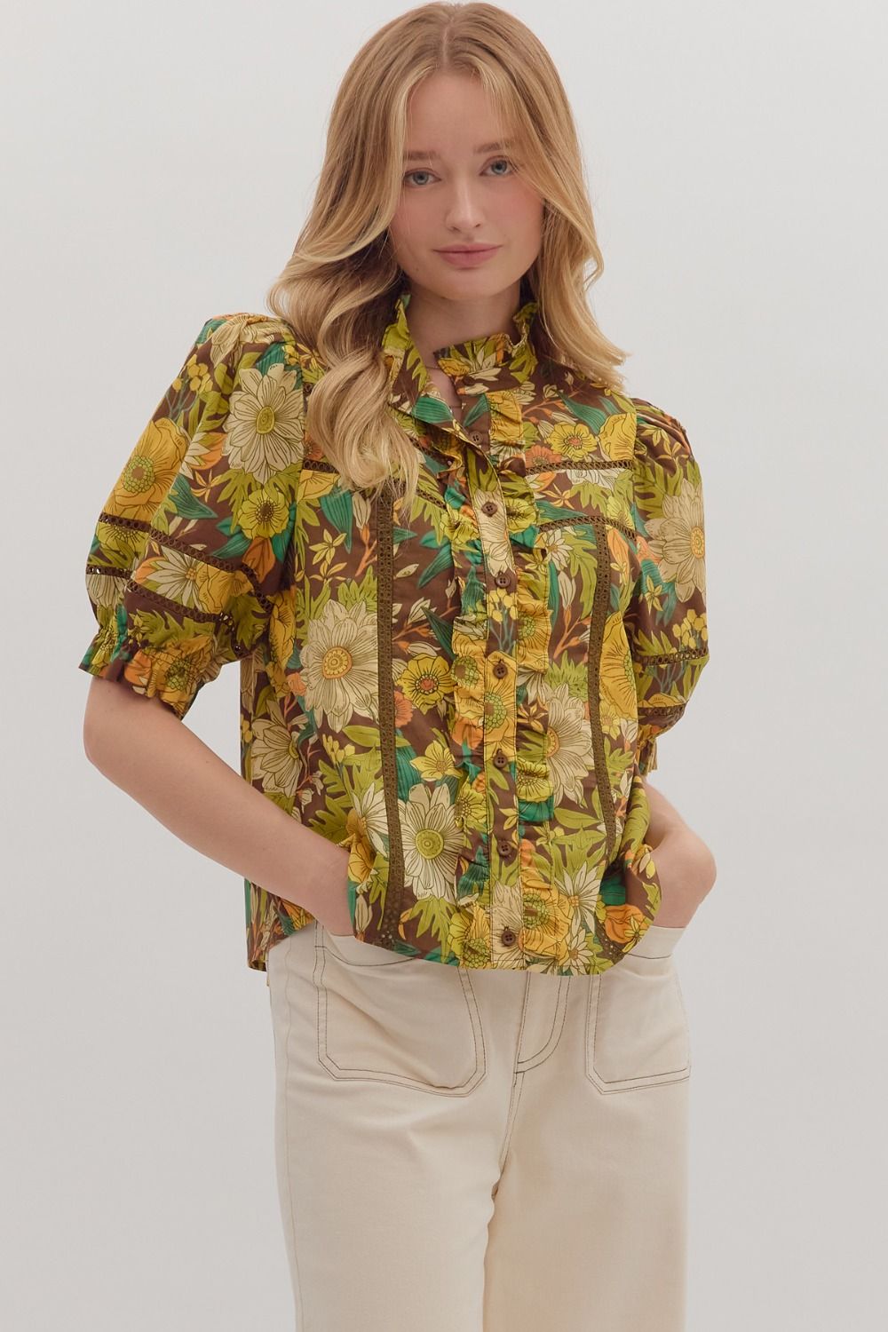 Entro Floral Button Front Ruffle Neck Top In Marigold