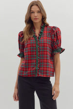Entro Plaid Short Sleeve Ruffle Trim Top In Red