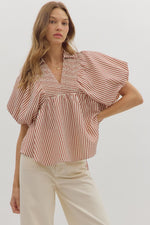 Entro Stripe Puff Sleeve Dolman Top In Rust
