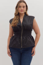 Entro Solid Sleeveless Top With Smocked Waist In Black PLUS Sizes