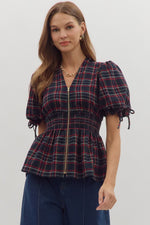 Entro Plaid Puff Sleeve Smocked Waist Top In Navy