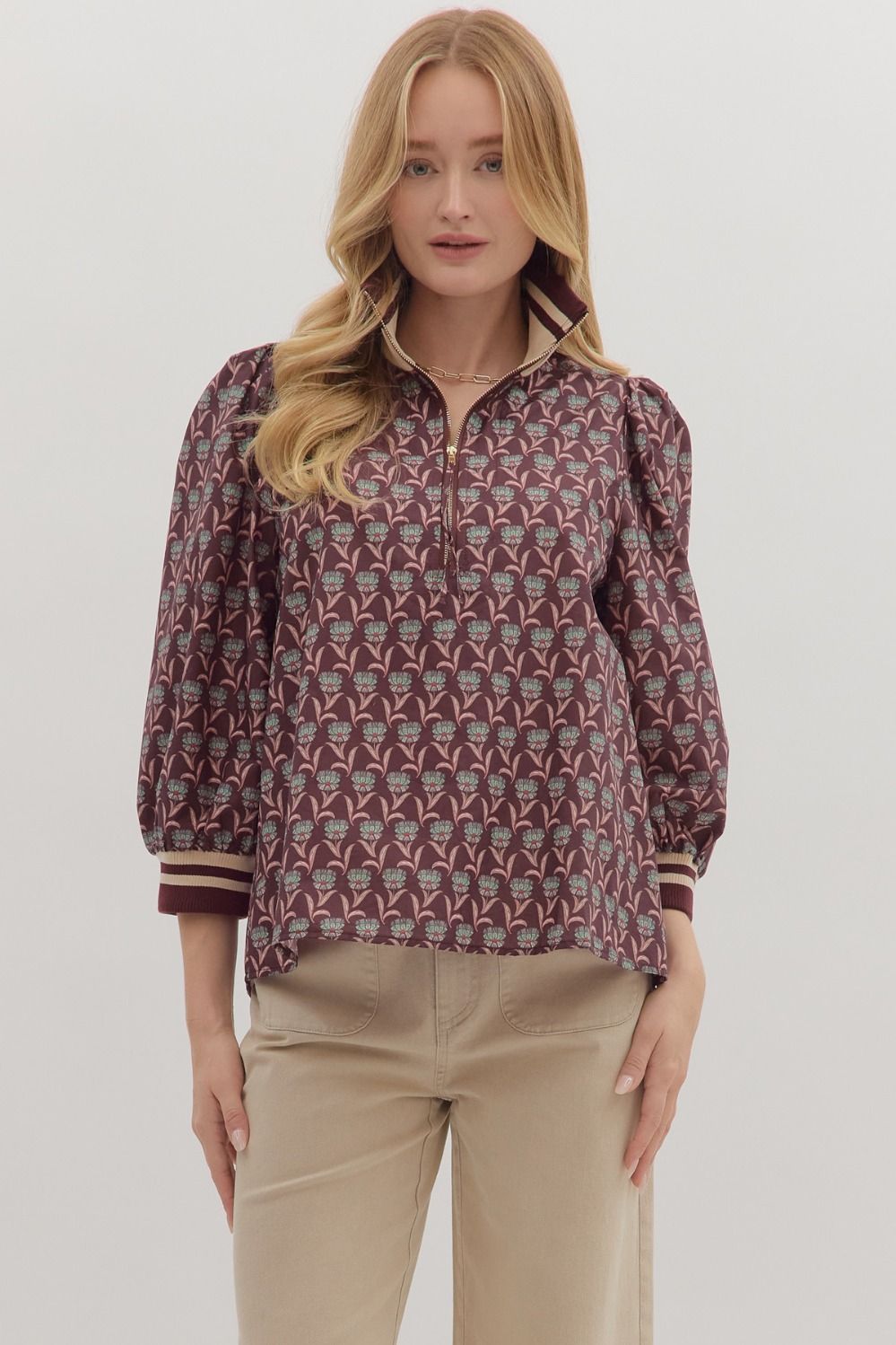 Entro Floral Long Sleeve Half Zip Top With Contrast Trim In Merlot