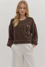 Entro Long Sleeve Sweater Top With Stitch Trim Accents & Pocket In Brown