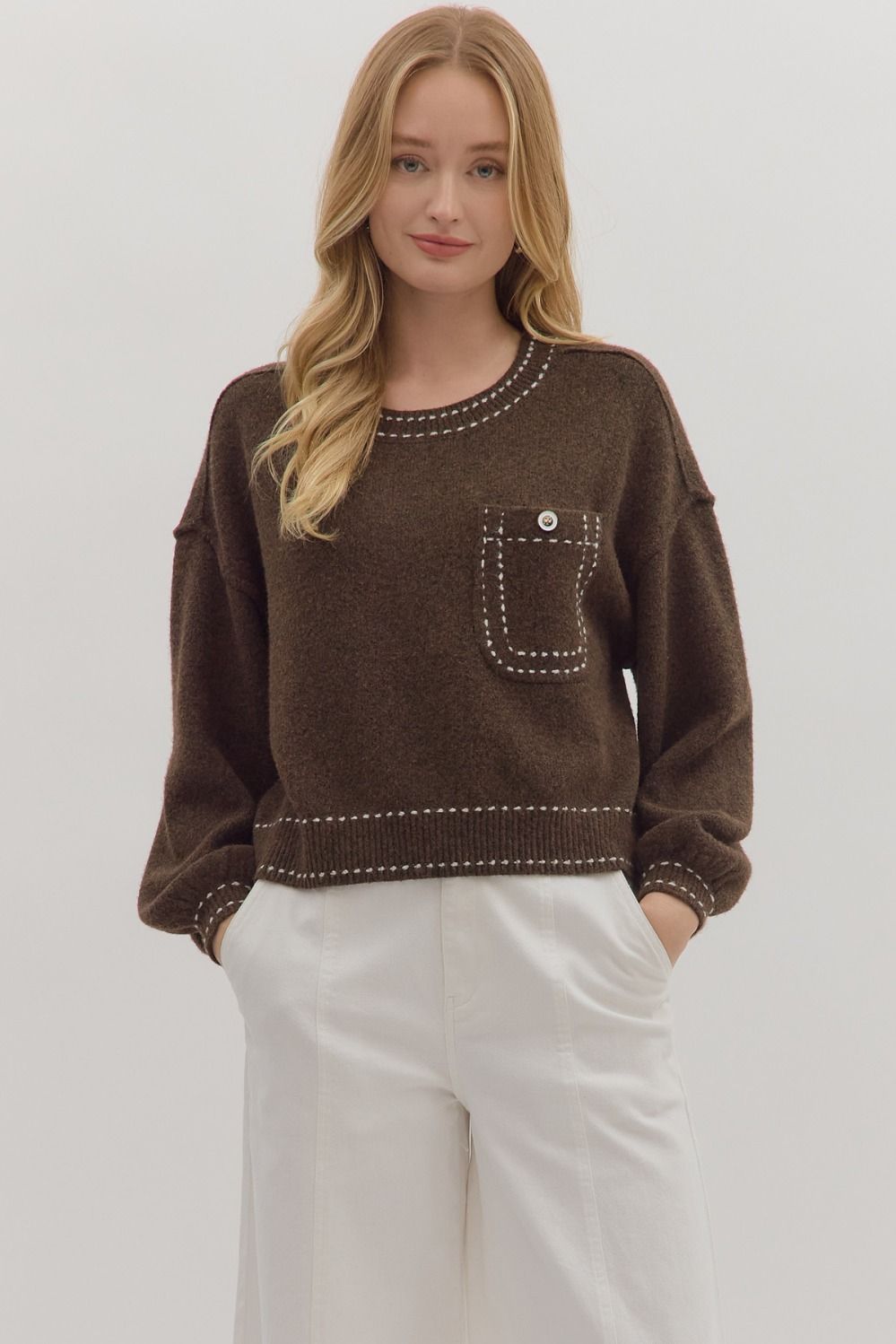 Entro Long Sleeve Sweater Top With Stitch Trim Accents & Pocket In Brown