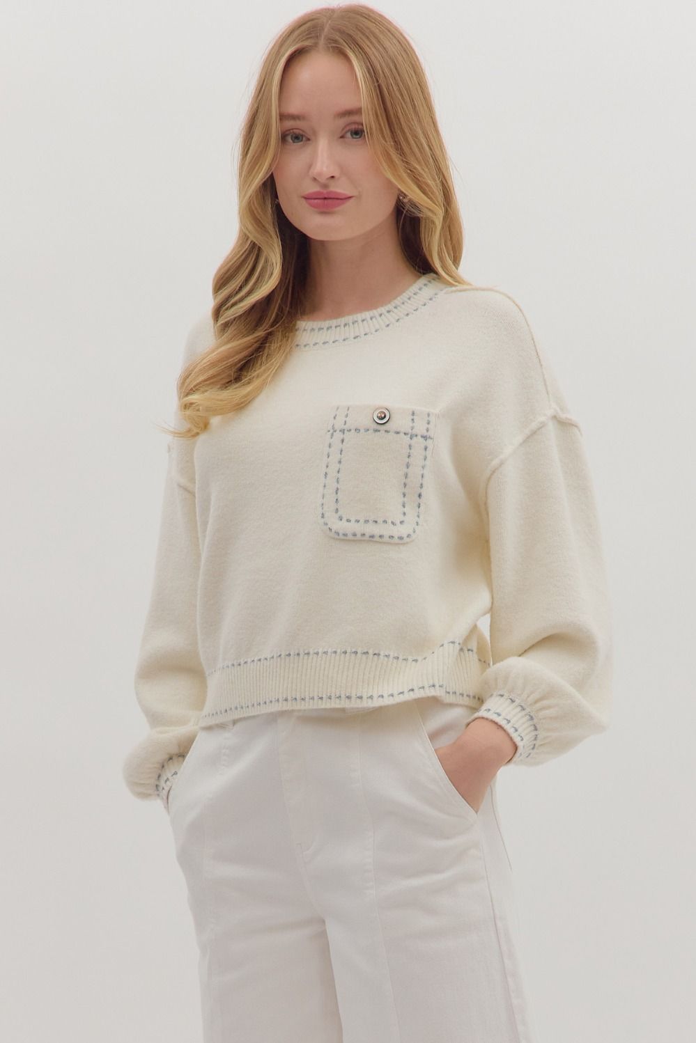 Entro Long Sleeve Sweater Top With Stitch Trim Accents & Pocket In Cream *COMING SOON*