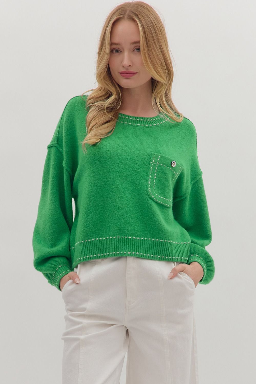 Entro Long Sleeve Sweater Top With Stitch Trim Accents & Pocket In Green *COMING SOON*