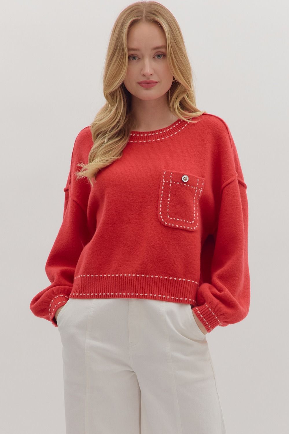 Entro Long Sleeve Sweater Top With Stitch Trim Accents & Pocket In Red *COMING SOON*