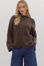 ENTRO Solid Pullover Sweater With Scalloped Trim In Brown *COMING SOON*