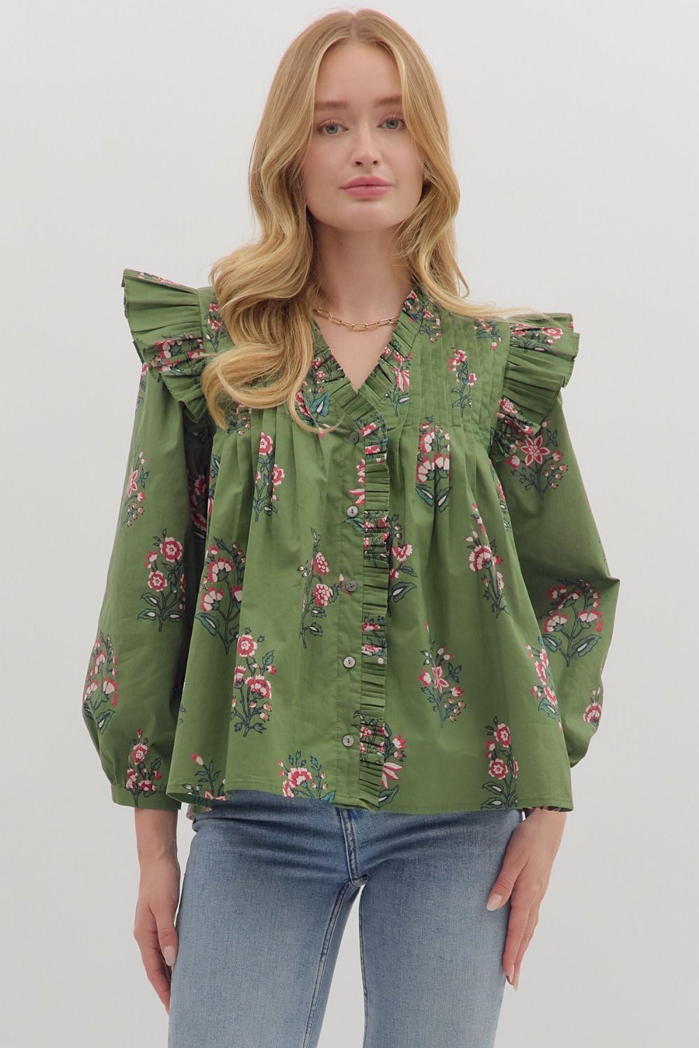 Entro Floral Long Sleeve Puff Sleeve Top In Olive