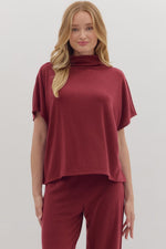 ENTRO Solid Short Sleeve Pullover Top With Mock Neck In Burgundy *COMING SOON*
