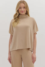 ENTRO Solid Short Sleeve Pullover Top With Mock Neck In Taupe