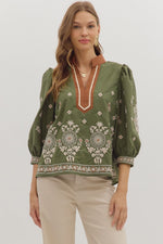 Entro Embroidered 3/4 Sleeve Top In Olive