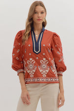 Entro Embroidered 3/4 Sleeve Top In Rust