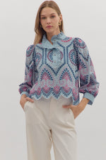 ENTRO Embroidered Eyelet 3/4 Puff Sleeve Top In Chambray