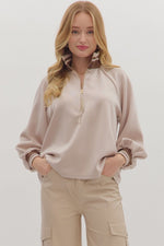 Entro Solid Long Sleeve Half Zip Top With Contrast Trim In Almond