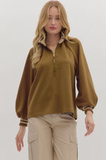 Entro Solid Long Sleeve Half Zip Top With Contrast Trim In Olive