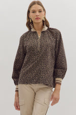 ENTRO Leopard Print Long Sleeve Top With Mock Neck In Mocha