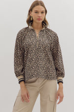 ENTRO Leopard Print Long Sleeve Top With Mock Neck In Taupe