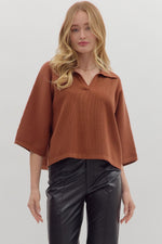 Entro Solid 3/4 Sleeve Knit Top With V Neck In Brown