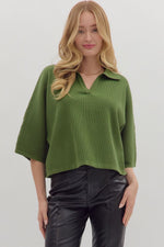 Entro Solid 3/4 Sleeve Knit Top With V Neck In Olive