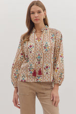 Entro Geometric Floral Long Sleeve Top In Ecru