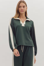 Entro Solid Long Sleeve Knit Top With Contrast Stripe In Dark Green