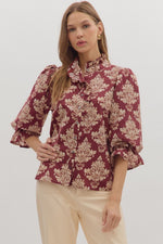 Entro Baroque 3/4 Ruffle Cuff Top In Burgundy *COMING SOON*