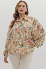 Entro Floral Print 3/4 Sleeve Button Down Top In Ecru PLUS Sizes *COMING SOON*