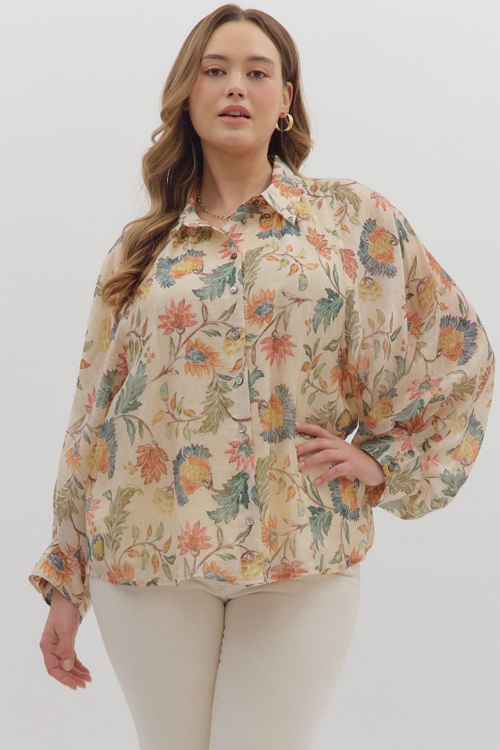 Entro Floral Print 3/4 Sleeve Button Down Top In Ecru PLUS Sizes *COMING SOON*