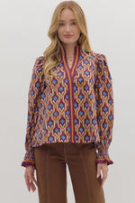 Entro Geometric Print Long Sleeve Top With Contrast Trim In Wine