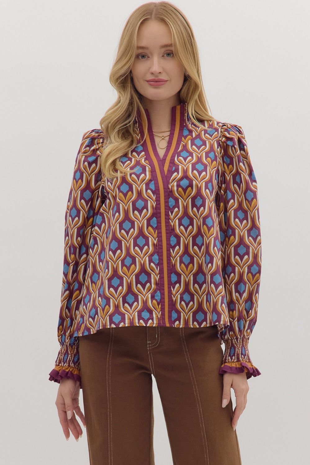 Entro Geometric Print Long Sleeve Top With Contrast Trim In Wine *COMING SOON*