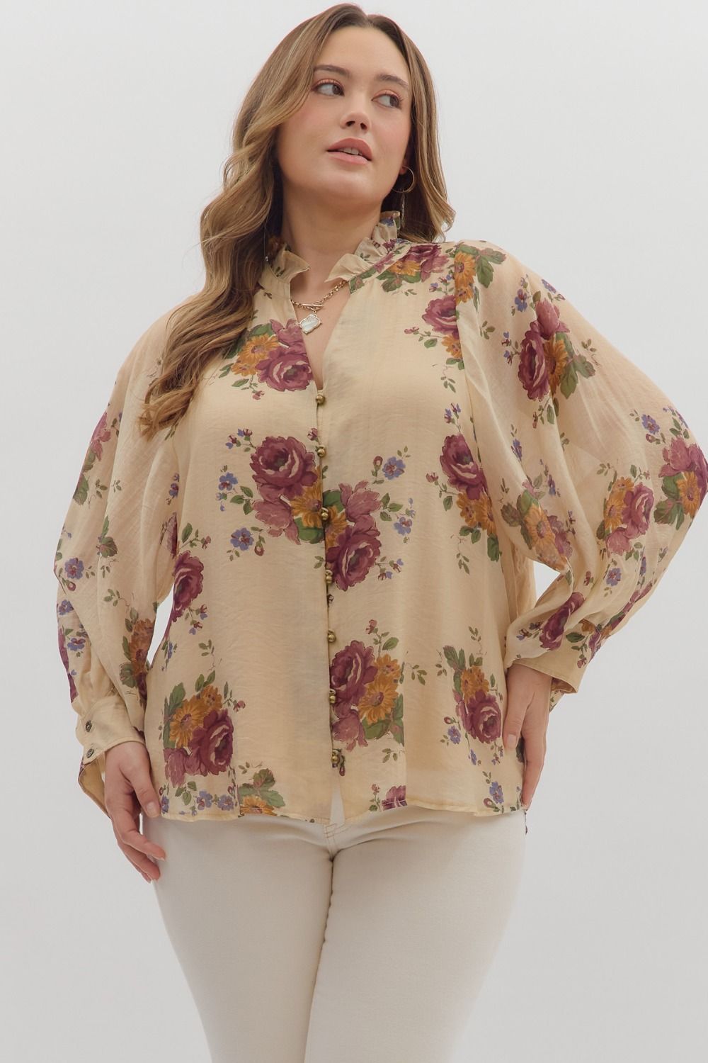 Entro Floral Long Sleeve Top In Ecru PLUS Size