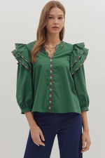 Entro Solid 3/4 Sleeve Layered Ruffle Shoulder Top In Hunter Green