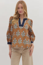 Entro Floral 3/4 Sleeve Top With Scalloped Trim In Camel