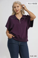 Umgee Luxeknit Relaxed Half Zip Pullover In Plum PLUS Sizes
