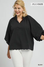 Umgee Textured Scallop Hem Top In Black PLUS Size