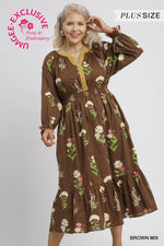 Umgee Floral V Neck Ruffle Midi Dress In Brown PLUS Sizes