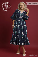 Umgee Floral V Neck Ruffle Midi Dress In Midnight PLUS Sizes