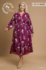 Umgee Floral V Neck Ruffle Midi Dress In Plum PLUS Sizes