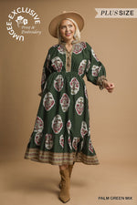 Umgee Flower Patch Floral Print Midi Dress In Palm Green PLUS Sizes