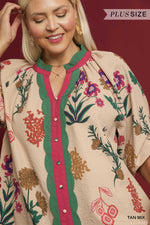 Umgee Floral Textured Top With Scalloped Trim PLUS Sizes In Tan